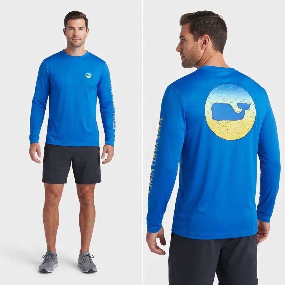 Vineyard Vines Performance Mens Blue Long Sleeve Whale Graphic T-Shirt Medium